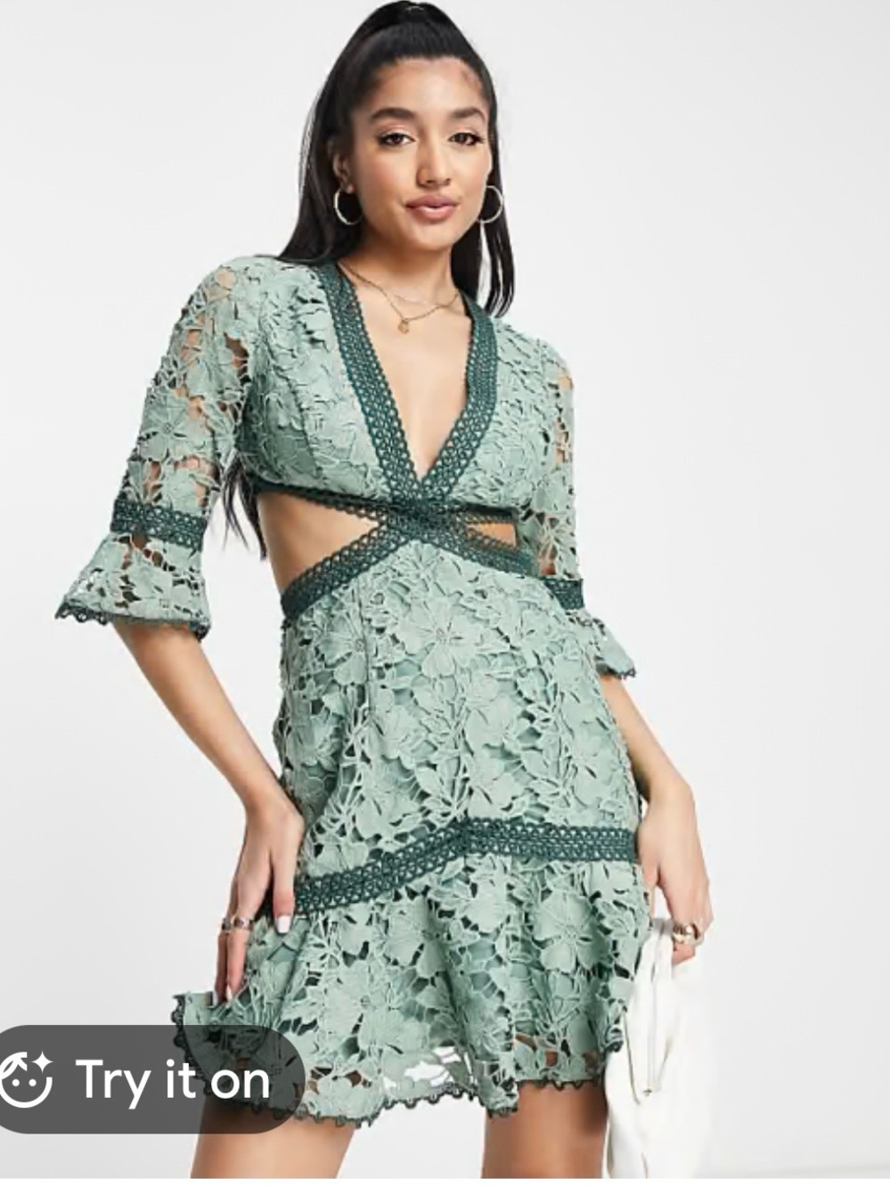ASOS Design Sage Green Crochet Lace Cutout Womens Dress Sz 14